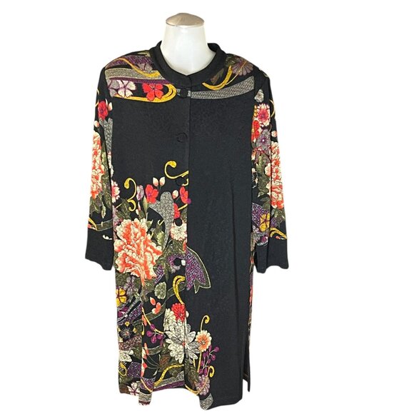 Drapers & Damons Womens Long Black Floral Tunic Top Size Large Acetate Blend - Picture 1 of 13